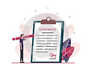 Man signing contract with big pen. Deal and agreement concept. Modern vector illustration