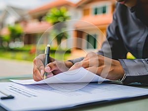 A man signing a contract in front of a house