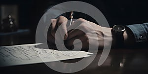 A man signing a contract with a pen cinematic Hyper-reali created with generative AI