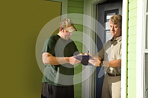 Man signing door-to-door survey or petition