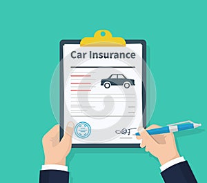 Man signs a legal document auto insurance. Claim form. Car protection property. Car insurance form. Vector illustration