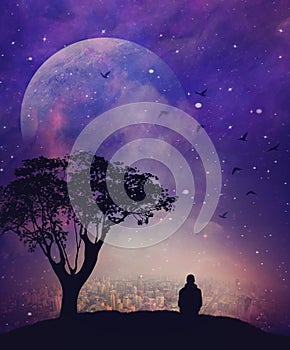 Man silhouette above city, thinking, meditation under stars, full moon on night sky