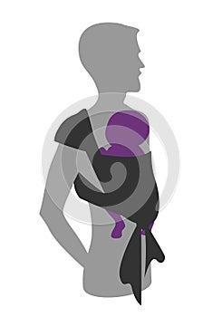 Man silhouette with a baby in a sling. Babywearing father concept