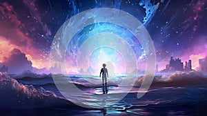 man silhouette at colorful fantasy background, purple, blue and pink universe with nebulas and wormholes, generative AI