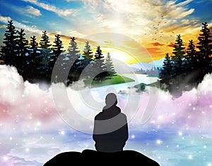 Man silhouette dreaming to a new world, clean environment, nature landscape