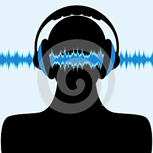 Man silhouette with headphone and sound waves