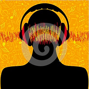 Man silhouette with headphones and music notes