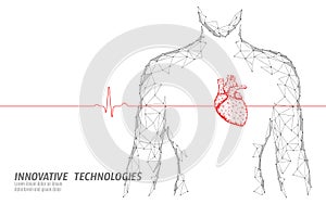 Man silhouette healthy heart beats 3d medicine model low poly. Triangle connected dots glow point online doctor. Pulse