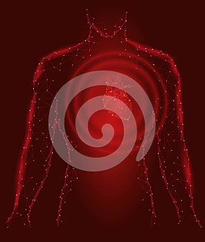 Man silhouette healthy heart beats 3d medicine model low poly. Triangle connected dots glow point red background. Wave impulse fro