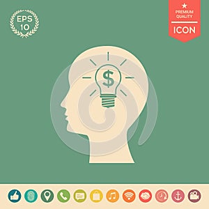 Man silhouette - Light bulb with dollar symbol business concept. Icon.