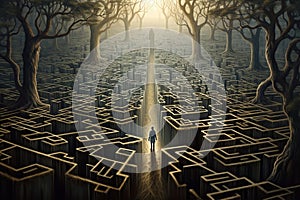 Man silhouette in maze or labyrinth. decision making process.