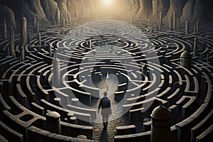 Man silhouette in maze or labyrinth. decision making process.