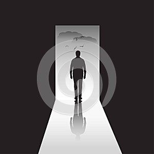 Man silhouette in open door. Exit.  Illustration of a man in depression. Psychology illustration