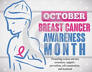 Man Silhouette and Pink Ribbon for Breast Cancer Awareness Month, Vector Illustration
