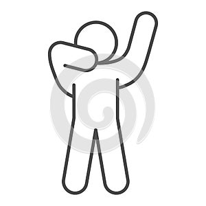 Man silhouette posing thin line icon. Man in front pose with raised hands outline style pictogram on white background