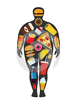 Man silhouette with scattered fast food elements. Unhealthy, junk food and obesty concept.