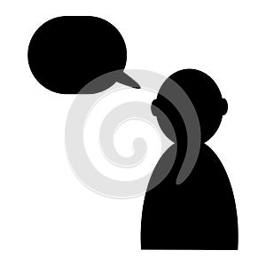 Man silhouette with speech bubble. Communication background. Black shape. Flat art. Vector illustration. Stock image.