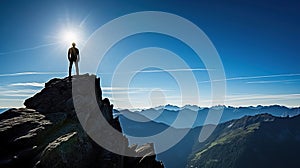 Man silhouette stay on sharp rock peak. Satisfy hiker enjoy view. Tall man on rocky cliff watching down to landscape. Generative