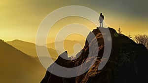 Man silhouette stay on sharp rock peak. Satisfy hiker enjoy view. Tall man on rocky cliff watching down to landscape. Generative