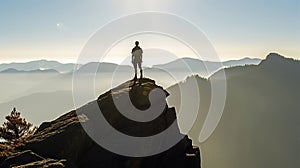 Man silhouette stay on sharp rock peak. Satisfy hiker enjoy view. Tall man on rocky cliff watching down to landscape. Generative