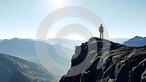 Man silhouette stay on sharp rock peak. Satisfy hiker enjoy view. Tall man on rocky cliff watching down to landscape. Generative