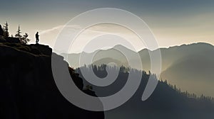 Man silhouette stay on sharp rock peak. Satisfy hiker enjoy view. Tall man on rocky cliff watching down to landscape. Generative