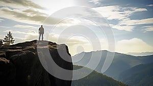 Man silhouette stay on sharp rock peak. Satisfy hiker enjoy view. Tall man on rocky cliff watching down to landscape. Generative