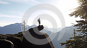 Man silhouette stay on sharp rock peak. Satisfy hiker enjoy view. Tall man on rocky cliff watching down to landscape. Generative