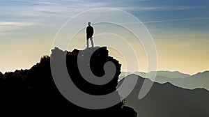 Man silhouette stay on sharp rock peak. Satisfy hiker enjoy view. Tall man on rocky cliff watching down to landscape. Generative