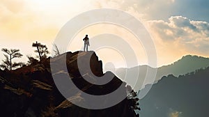 Man silhouette stay on sharp rock peak. Satisfy hiker enjoy view. Tall man on rocky cliff watching down to landscape. Generative