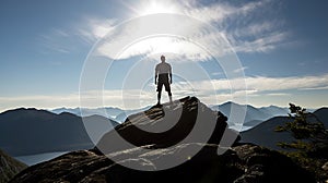 Man silhouette stay on sharp rock peak. Satisfy hiker enjoy view. Tall man on rocky cliff watching down to landscape. Generative