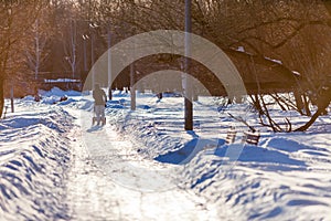 A man silhouette with a stroller strolls along the snow-covered park avenue lit by the rays of the approaching March sun.