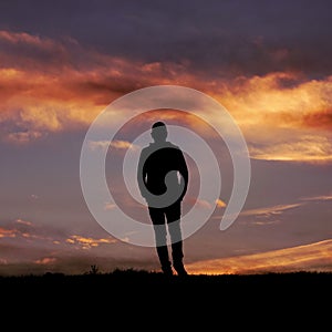 man silhouette and sunset background