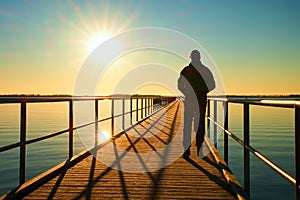 Man silhouette walk on wharf construction above sea to Sun. Fantastic morning.