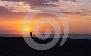 Man in silhouette walking on beach at sunset. One, single unidentifiable man.