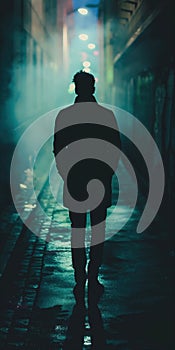 Man silhouette walking in a dark urban alley at night.