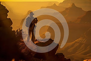 Man silhouetted against Grand Canyon sunset panorama from cliff top