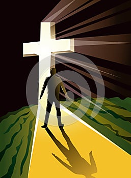 Man silhouetted in bright cross