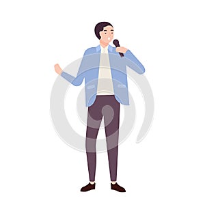 Man singer, jazz, soul or blues vocalist wearing elegant suit and singing ballad in microphone. Cute funny male cartoon