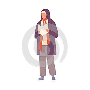 Man singing Xmas carols outdoor vector flat illustration. Funny guy holding paper with text or notes performing
