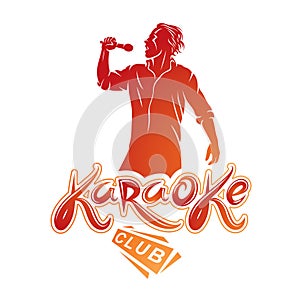 Man sings karaoke, karaoke club emcee show advertising vector em
