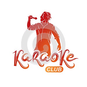 Man sings karaoke, karaoke club emcee show advertising vector em