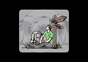 Man sit on the ground beside the way sign beach and mountain illustration