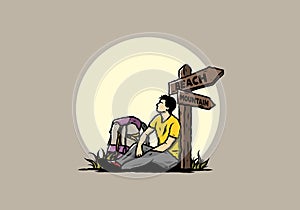 Man sit on the ground beside the way sign beach and mountain illustration