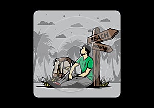 Man sit on the ground beside the way sign beach and mountain illustration