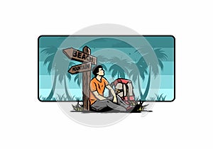 Man sit on the ground beside the way sign beach and mountain illustration