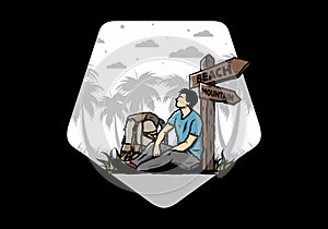 Man sit on the ground beside the way sign beach and mountain illustration