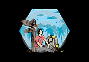 Man sit on the ground beside the way sign beach and mountain illustration