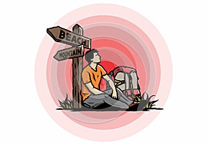 Man sit on the ground beside the way sign beach and mountain illustration