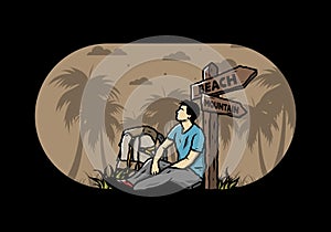 Man sit on the ground beside the way sign beach and mountain illustration